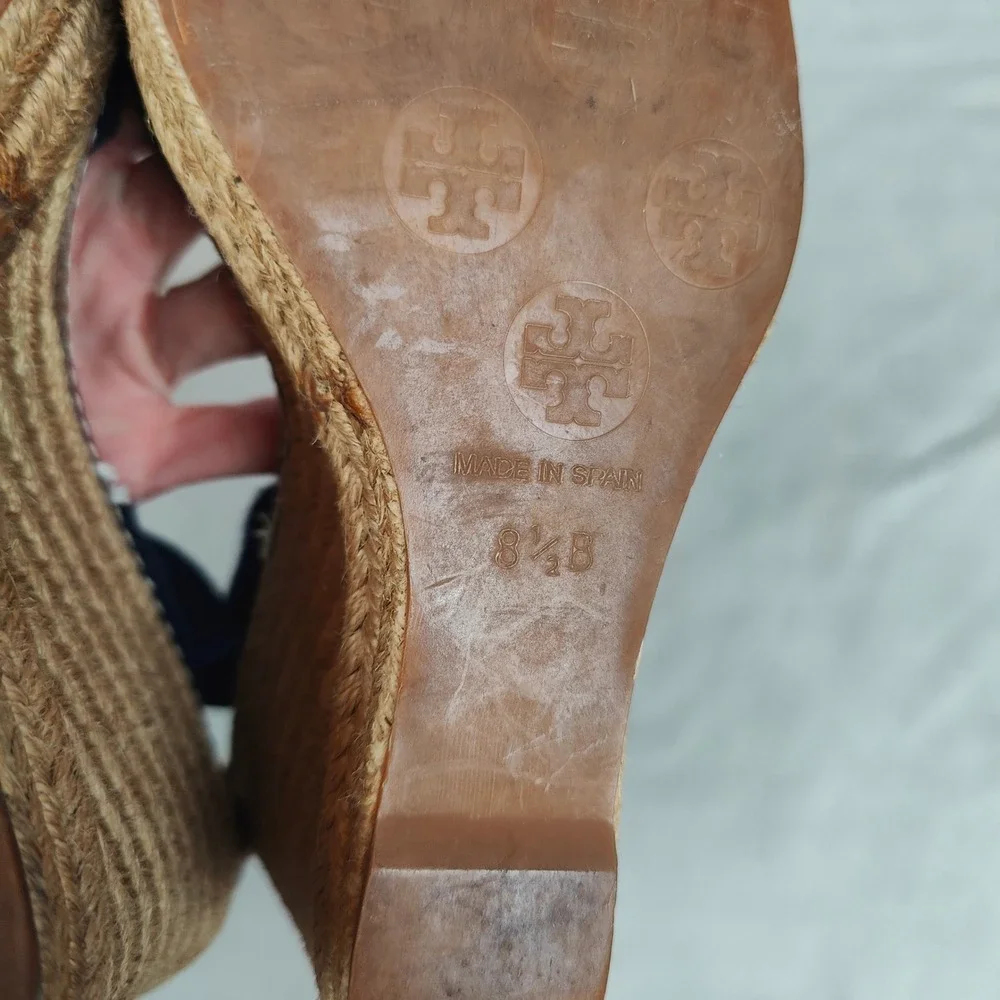 Tory Burch Frieda Espadrille Wedge‎ Sandals Womens 8.5B Navy Blue Strappy Beachy